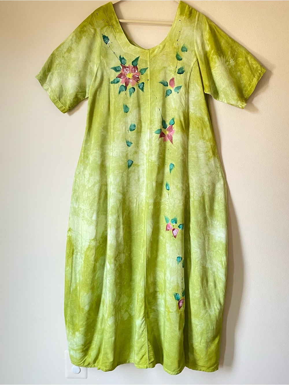 Hand Painted Hand Dyed Floral Art to Wear Maxi Dress Lime Green Boho Hippie M/L
